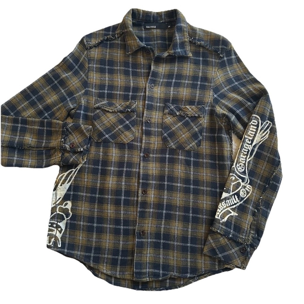 Salvage Y2K Grunge Plaid Flannel Graphic Shirt-M-Distressed Frayed Hem Skater